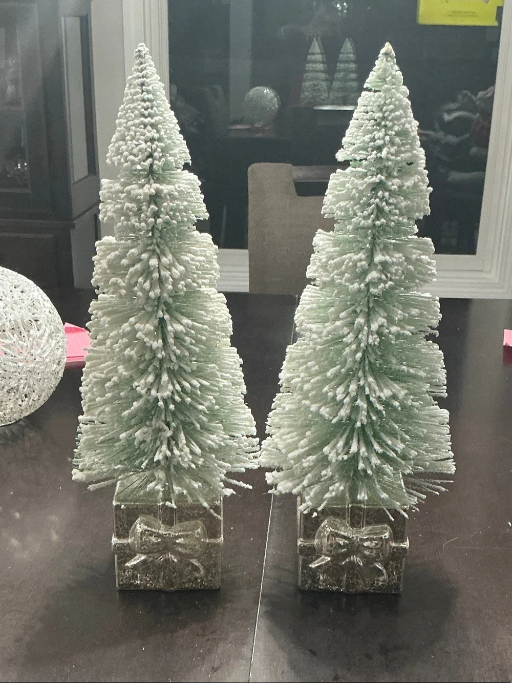 Flocked LED Bottle Brush Christmas Tree Pair with Silver Gift Box Bases